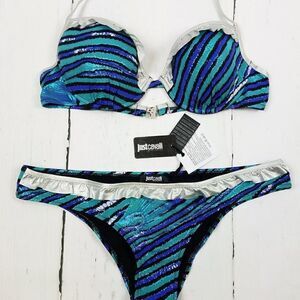 New Just Cavalli Women L Stretch Bikini Blue Silver Push-Up Two Piece Swimsuit